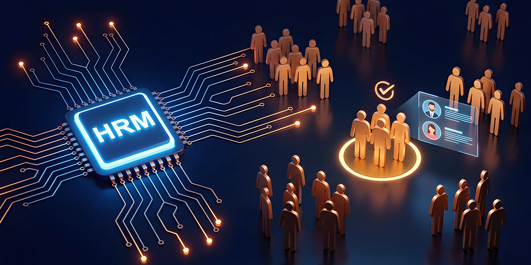 Illustrazione di un software gestione risorse umane: un chip HRM collegato a gruppi di persone e alle schede dei dipendenti